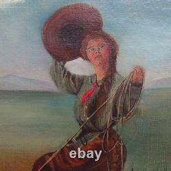 Antique Original Oil Painting on Canvas COWGIRL Roping A Bull Framed 17x16 in
