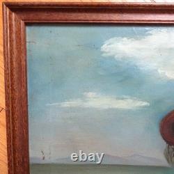 Antique Original Oil Painting on Canvas COWGIRL Roping A Bull Framed 17x16 in