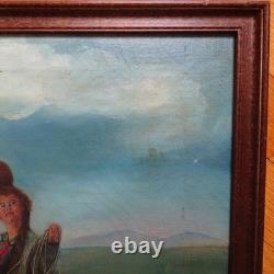 Antique Original Oil Painting on Canvas COWGIRL Roping A Bull Framed 17x16 in