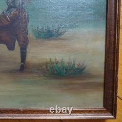 Antique Original Oil Painting on Canvas COWGIRL Roping A Bull Framed 17x16 in