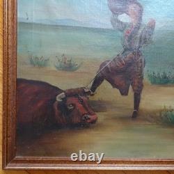 Antique Original Oil Painting on Canvas COWGIRL Roping A Bull Framed 17x16 in