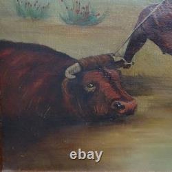 Antique Original Oil Painting on Canvas COWGIRL Roping A Bull Framed 17x16 in