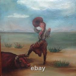 Antique Original Oil Painting on Canvas COWGIRL Roping A Bull Framed 17x16 in