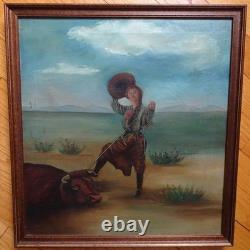 Antique Original Oil Painting on Canvas COWGIRL Roping A Bull Framed 17x16 in