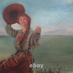 Antique Original Oil Painting on Canvas COWGIRL Roping A Bull Framed 17x16 in