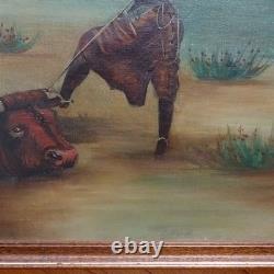 Antique Original Oil Painting on Canvas COWGIRL Roping A Bull Framed 17x16 in