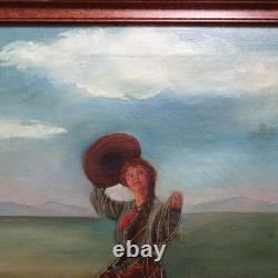 Antique Original Oil Painting on Canvas COWGIRL Roping A Bull Framed 17x16 in