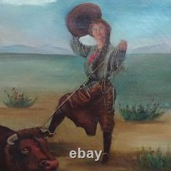 Antique Original Oil Painting on Canvas COWGIRL Roping A Bull Framed 17x16 in