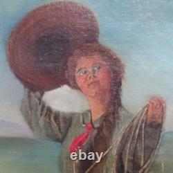 Antique Original Oil Painting on Canvas COWGIRL Roping A Bull Framed 17x16 in