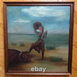 Antique Original Oil Painting on Canvas COWGIRL Roping A Bull Framed 17x16 in