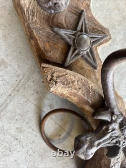 Antique Primitive Oxen Yoke Wood Wrought Iron Country Decor Western Coat Hanger