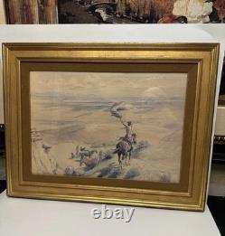 Antique THE SIGNAL Signed CM Russell 25.5x19.5Western Native American Indian