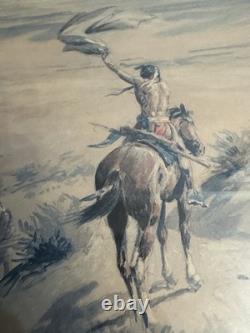 Antique THE SIGNAL Signed CM Russell 25.5x19.5Western Native American Indian