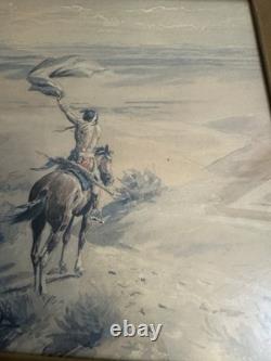 Antique THE SIGNAL Signed CM Russell 25.5x19.5Western Native American Indian