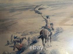Antique THE SIGNAL Signed CM Russell 25.5x19.5Western Native American Indian