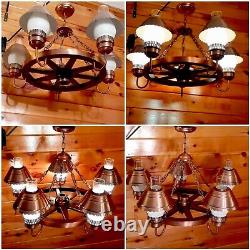Antique/Vtg Rustic Country Cabin Western Wood Wagon Wheel Chandelier Light/Lamp