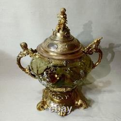 Antique Western Decorative Glass Soup Jar Large Metal Engraving Devil Mask Handl