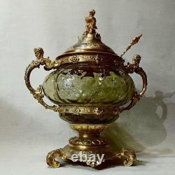 Antique Western Decorative Glass Soup Jar Large Metal Engraving Devil Mask Handl