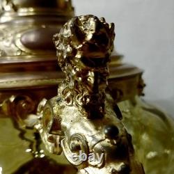 Antique Western Decorative Glass Soup Jar Large Metal Engraving Devil Mask Handl