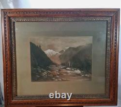 Antique Western Landscape Pastel/Chalk Art With Hand Carved Oak Gesso Frame Signed
