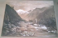 Antique Western Landscape Pastel/Chalk Art With Hand Carved Oak Gesso Frame Signed
