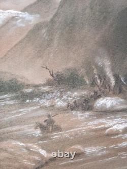 Antique Western Landscape Pastel/Chalk Art With Hand Carved Oak Gesso Frame Signed