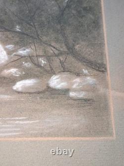 Antique Western Landscape Pastel/Chalk Art With Hand Carved Oak Gesso Frame Signed