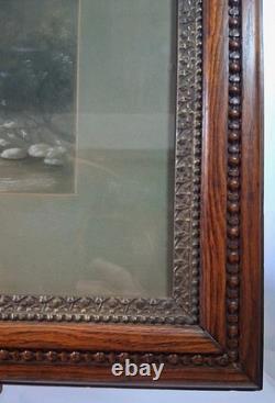 Antique Western Landscape Pastel/Chalk Art With Hand Carved Oak Gesso Frame Signed