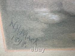 Antique Western Landscape Pastel/Chalk Art With Hand Carved Oak Gesso Frame Signed