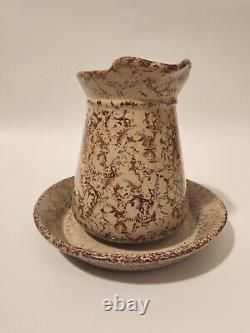 Antique Western Monmouth Stoneware Co Pottery Pitcher Saucer Set Spongeware LRG