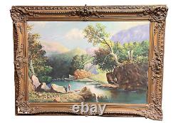 Antique landscape painting with very ornate frame signed 39.5 x 27.75
