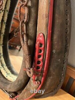 Authentic Antique Vintage Rustic Leather Horse Collar Mirror Rope Brass Large