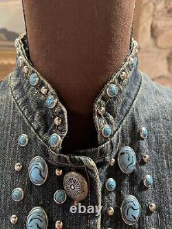 Beautiful Gordon & James Faux Turquoise & Silvertone Studded Denim Jacket SZ S/M