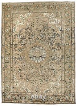 Beige Semi Antique Muted Floral 8X11 Handmade Vintage Oriental Rug Large Carpet