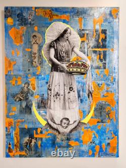 Big original wall art Mexican Virgin Tehuana oaxaca collage antique paper canvas