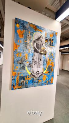 Big original wall art Mexican Virgin Tehuana oaxaca collage antique paper canvas