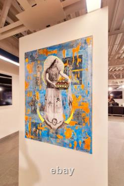 Big original wall art Mexican Virgin Tehuana oaxaca collage antique paper canvas