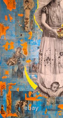 Big original wall art Mexican Virgin Tehuana oaxaca collage antique paper canvas