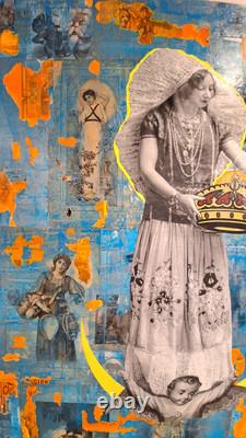 Big original wall art Mexican Virgin Tehuana oaxaca collage antique paper canvas