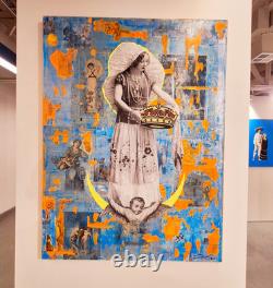 Big original wall art Mexican Virgin Tehuana oaxaca collage antique paper canvas