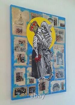 Big original wall art Mexican couple mexican revolution collage antique canvas