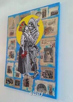 Big original wall art Mexican couple mexican revolution collage antique canvas