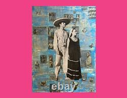 Big original wall art mexican couple Michoacan collage antique paper canvas