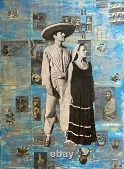 Big original wall art mexican couple Michoacan collage antique paper canvas