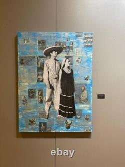 Big original wall art mexican couple Michoacan collage antique paper canvas