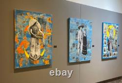 Big original wall art mexican couple Michoacan collage antique paper canvas