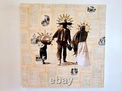 Big original wall art mexican family collage antique paper canvas 39.5x39.5