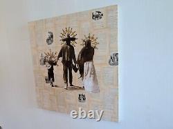 Big original wall art mexican family collage antique paper canvas 39.5x39.5