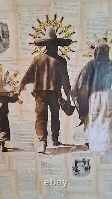 Big original wall art mexican family collage antique paper canvas 39.5x39.5