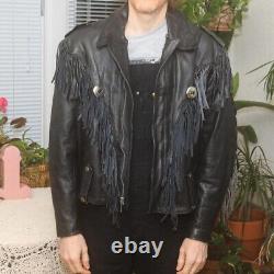 Black Leather Jacket Vintage Southwestern Biker Moto YKK Full Zip, Fringe L/48